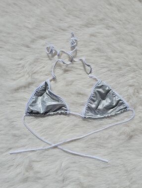 Silver Triangle Bikini Top with White Trim